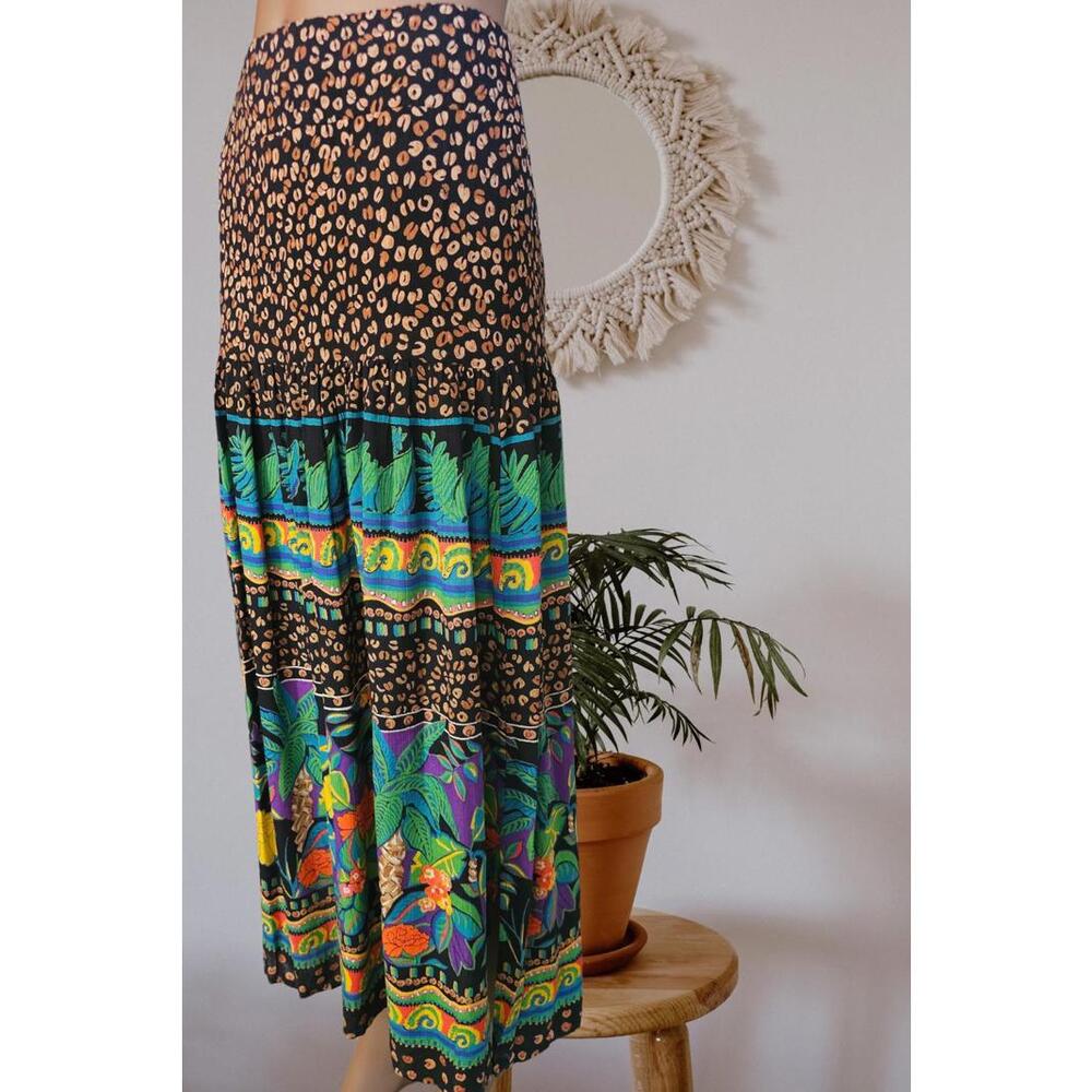 Vintage Carol Little size XL multi print colorful maxi skirt fringe colorful